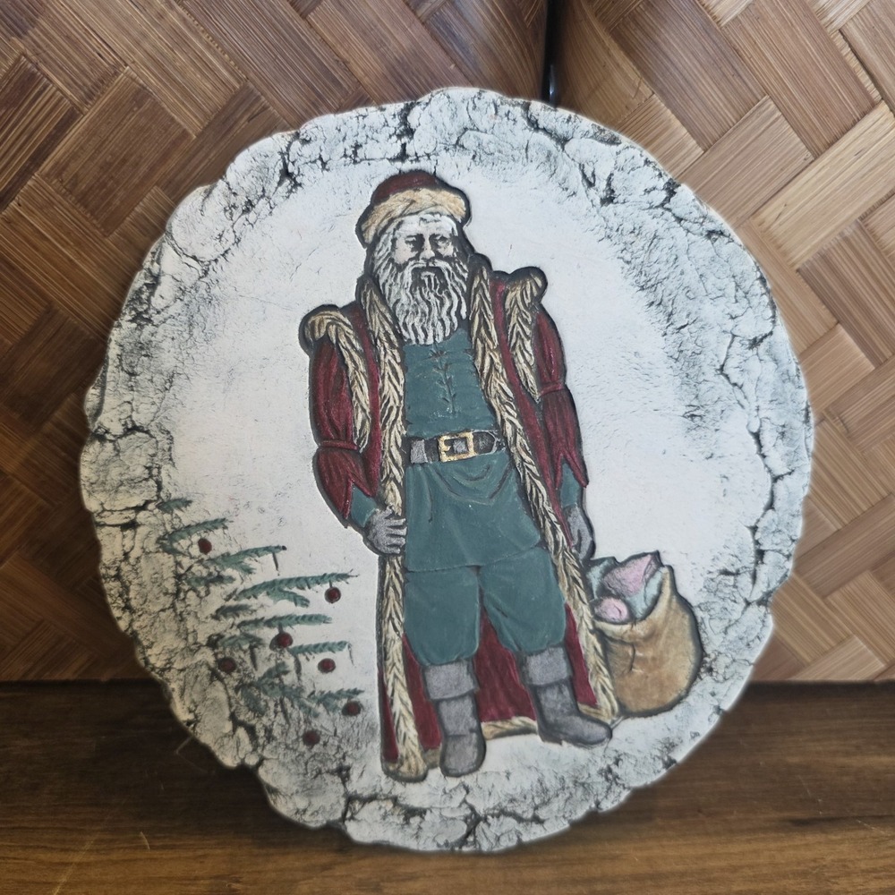 Hand Painted Heavy Stone Rock Look Ceramic Plaque Trivet Victorian Santa 7"